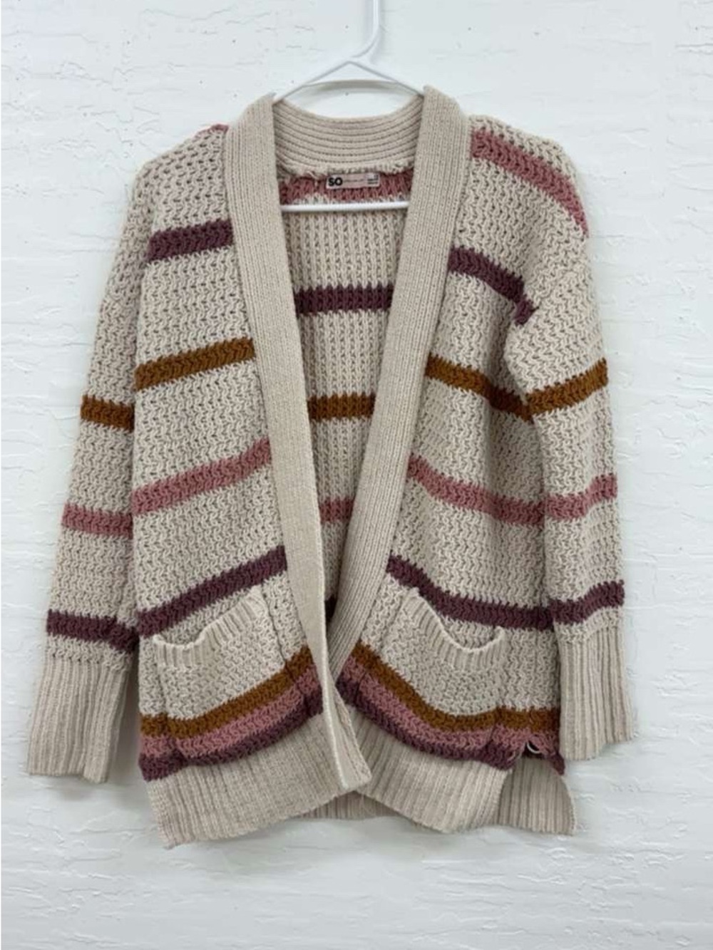 SO XS Striped Chunky Knit Open Front Cardigan Sweater Pockets